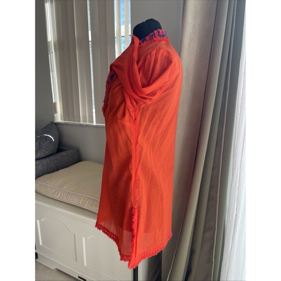 Tory Burch Samba  Cotton Blue Embroidery Fringe Trim V Neck Slit Tunic Sz. 6 - Picture 4 of 4